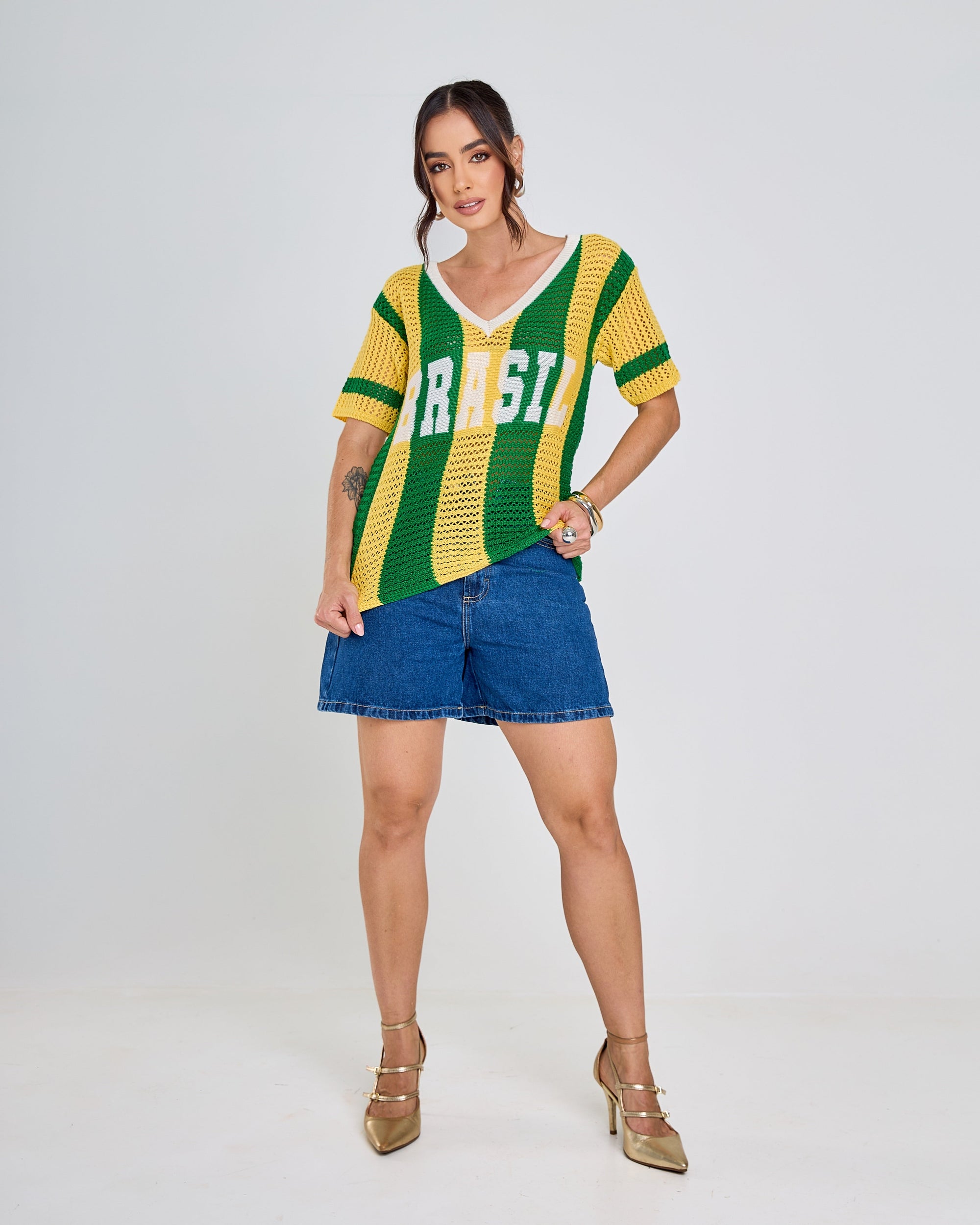 blusa tricot manga curta listrada verde e amarelo brasil copa 2026 + frete grátis