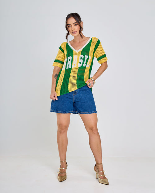 blusa tricot manga curta listrada verde e amarelo brasil copa 2026 + frete grátis