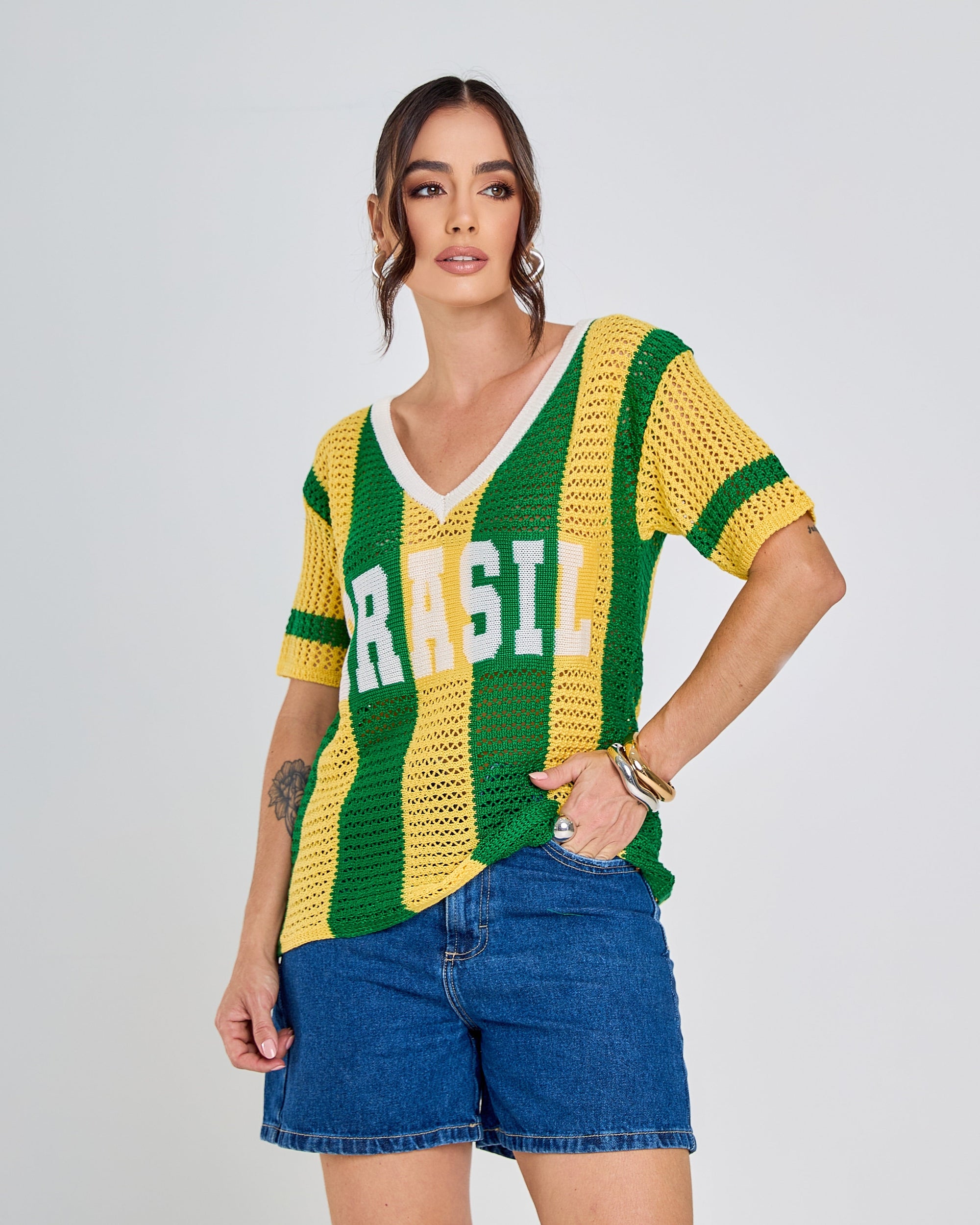 blusa tricot manga curta listrada verde e amarelo brasil copa 2026 + frete grátis
