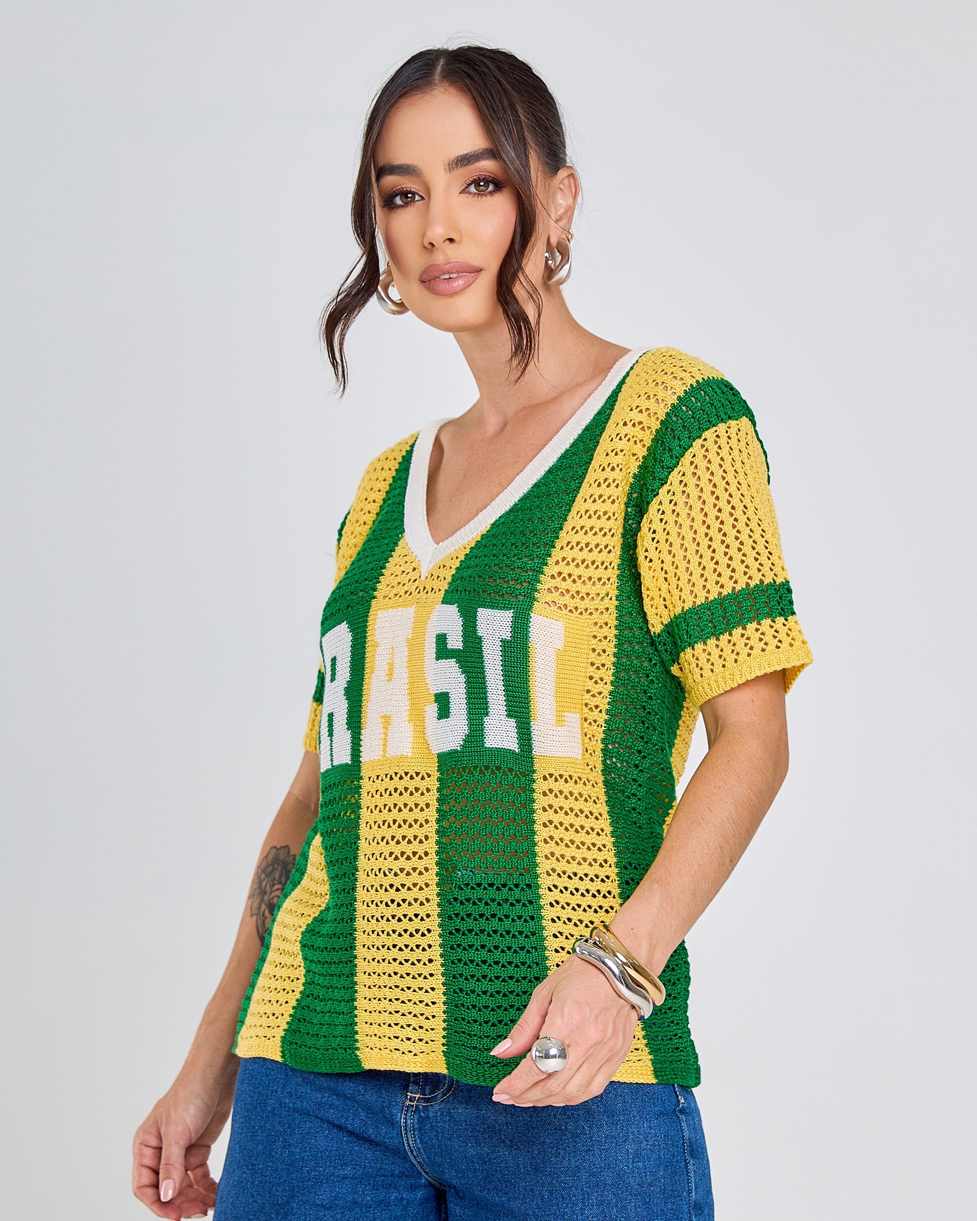 blusa tricot manga curta listrada verde e amarelo brasil copa 2026 + frete grátis
